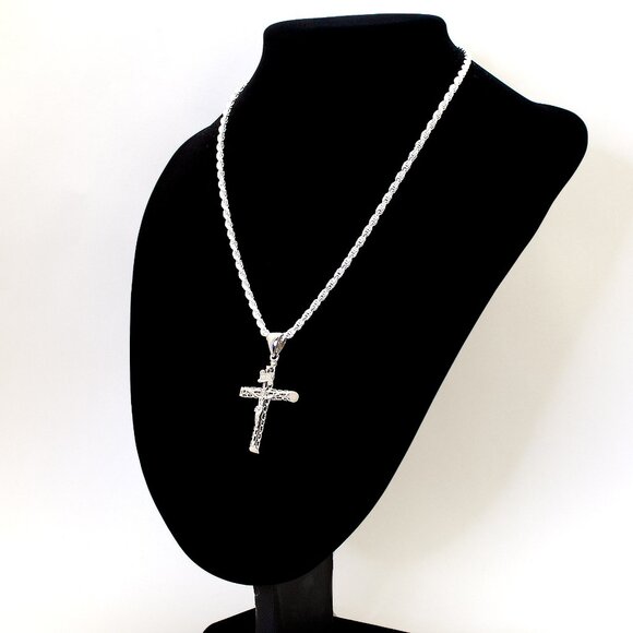 REAL Sterling Silver Thick Heavy Crucifix Cross Rope Chain Necklace, Stamped 925 - Picture 3 of 7